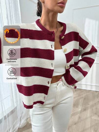 EURMUSE Cardigan da donna con scollo rotondo, motivo a righe e bottoni davanti