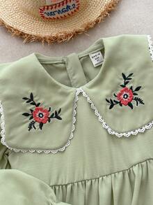 Blossori Young Girls' French Elegant Floral Embroidery Turndown Collar Long Sleeve Dress - Green - View 5