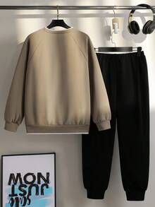 青少年男孩两件套休闲长袖套装 - 杏色 - 查看 2