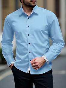 Manfinity Homme Kemeja Kasual Pria Ukuran Besar Motif Patchwork, Musim Gugur, Lengan Panjang - Baby Blue - View 3