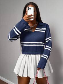 Slaydiva Áo croptop dệt kim dài tay có khóa kéo nửa sọc tương phản dành cho nữ - Màu xanh hải quân - Xem 5