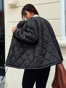 SHEIN EZwear Chaqueta casual de algodón cálido de unicolor, cuello redondo, hombros caídos, manga larga, talla grande, para invierno