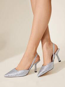 CUCCOO HITCHD 女士黑色高跟鞋，性感细高跟鞋，适合约会、聚会和宴会，银链和水钻装饰，露背凉鞋 - 銀色 - 查看 5