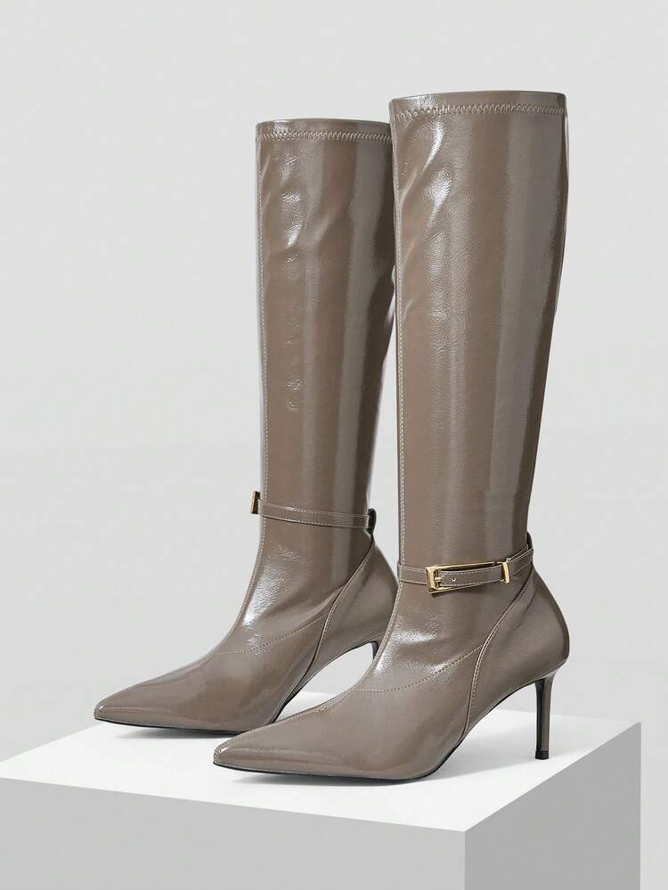 WOMEN'S FASHION METAL BUCKLE POINTED TOE STILETTO KNEE-HIGH BOOTS, SUITABLE FOR DATES AND PARTIES FOR CHRISTMAS