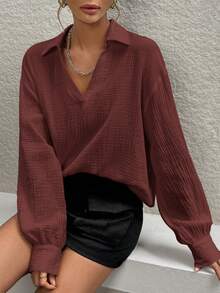 Siren Gaze 女式 V 领部分纽扣前长袖衬衫 - 咖啡棕 - 查看 6