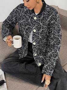 SHEIN Frenchy معطف مطبوع بالكامل للنساء للتنقل، خريف/شتاء - كاكي - مشاهدة 7