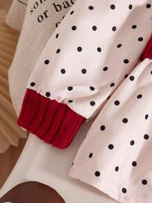 SHEIN Playful Pals 婴幼儿/女宝宝波尔卡圆点衬衫拼接黑色毛绒罗纹领喇叭裤休闲时尚装，秋冬 - 紅色 - 查看 8