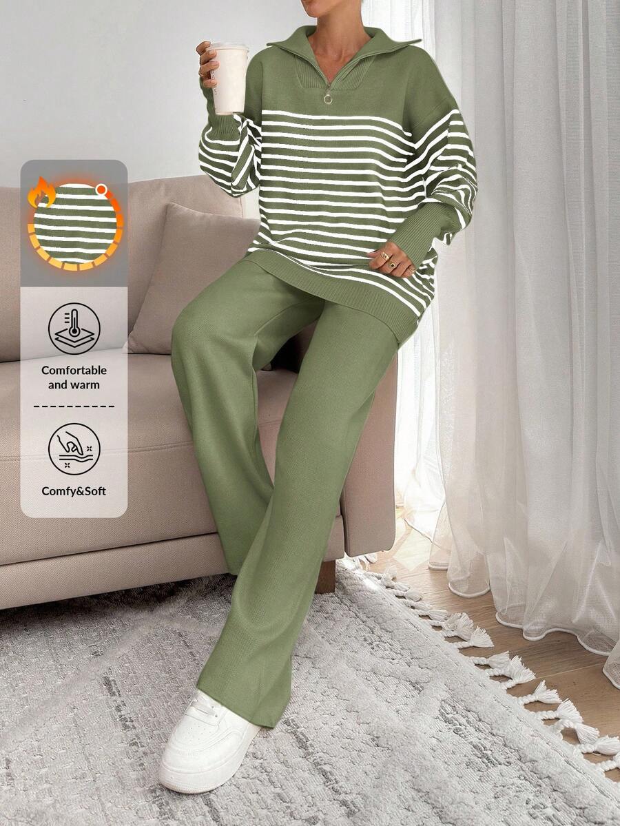 EURMUSE Women Stripe Pattern Zip Detailed Neck Drop Shoulder Pullover & Sweater Pants Set - Cadet Blue - View 1