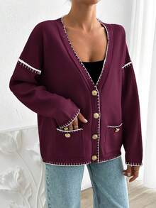 EURMUSE Women Solid Color Deep V-Neck Handmade Stitch Detailed Cardigan - Burgundy - View 7