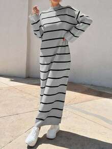 EURMUSE Women Stripe Pattern Round Neck Drop Shoulder Sweater Dress - Light Grey - View 7