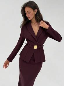 Aloruh Women's Solid Color Shawl Collar Long Sleeve Belted Jacket And Fish Tail Midi Skirt Elegant Suit Set