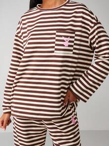 Missguided x Playboy Striped Long Sleeve Oversized Crew Neck Bunny Logo Tee Casual Comfort Top - Multicolor - View 5