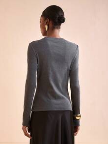 Zivah 2025 Autumn/Winter New Music Festival, Easter, St. Patrick's Day, Western, Nomadic, Birthday Party, Graduation, Basic Versatile, Casual, Vacation, Cruise Travel, Beach, Sunbathing, Viral Hit, Streetwear, Wedding Guest Boho, Commute, Brunch, Airport, Party, Holiday Outing, Elegant Banquet Crew Neck Long Sleeve Top - Grey - View 2