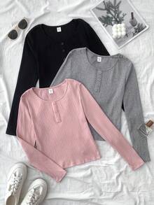 SHEIN 3件套青少年女孩纯色罗纹圆领长袖休闲T恤 - 彩色 - 查看 7