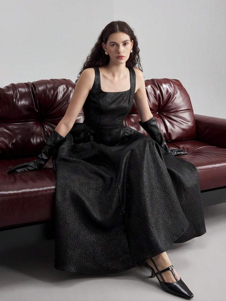 Women's Black Summer Elegant Dining Dress,Metallic Coated Textured Square Neck Wide Strap Backless Waist-Cinched Flared Skirt Modern Business Attire