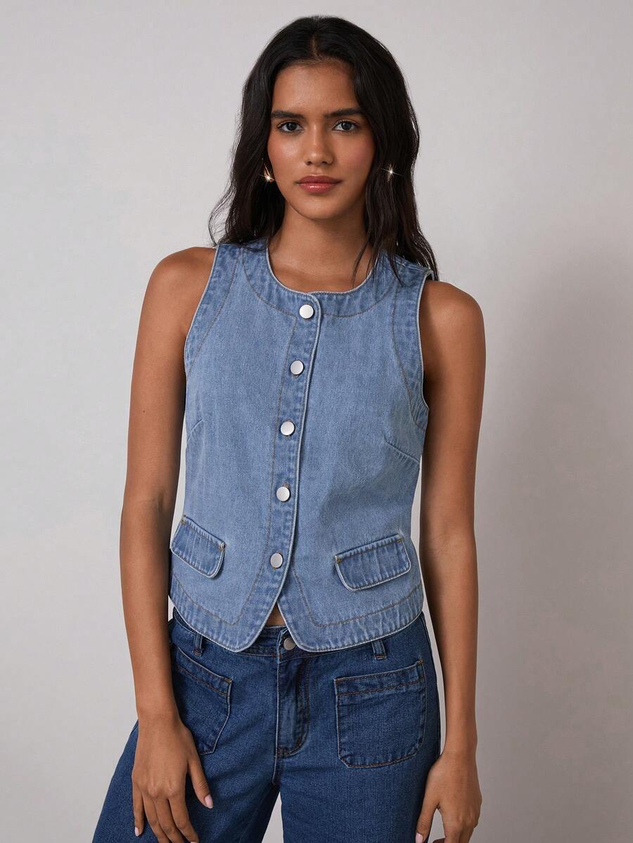COSMINA Denim Women's Blue Color Round Neck Front Button Casual Sleeveless Denim Top - Baby Blue - View 1