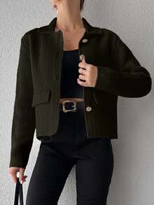EURMUSE Women's Solid Color Front Button Closure Elegant Office Wear Long Sleeve Cardigan,Petite Cardigans,Cardigans - Army Green - View 4