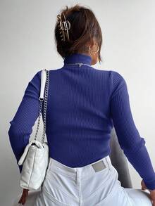 EURMUSE Damtröja med enfärgad polotröja, smal passform, ribbad stickning, elegant långärmad - Lila - Visa 2