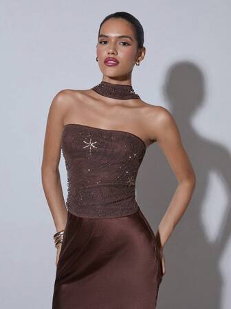 COSMINA Blusa sin tirantes con lentejuelas y cuentas para mujer