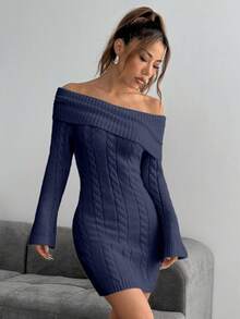 SHEIN Unity Off Shoulder Long Sleeve Twist Knit Bodycon Dress - Navy Blue - View 5