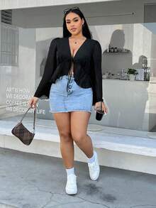 Solflare 大码女式黑色透明系带前蝴蝶结设计休闲荷叶边衬衫 - 黑色 - 查看 5