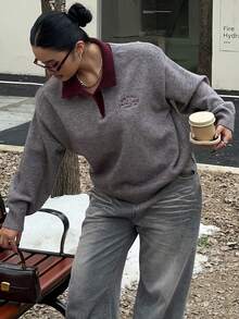 Dazy Plus Plus Size Letter Embroidery Colorblock Crew Neck Loose Knit Sweater For Women, Autumn/Winter - Grey - View 1