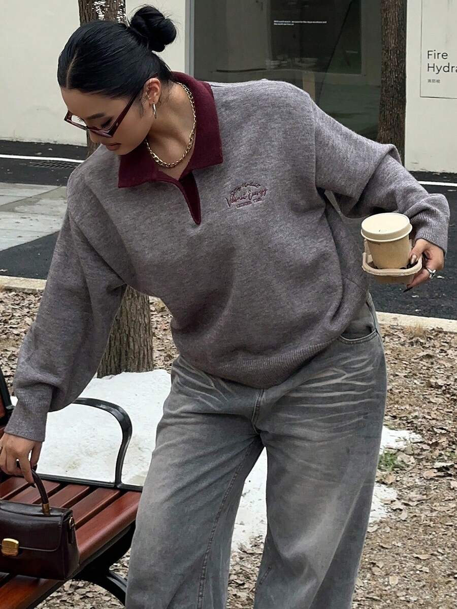 Dazy Plus Plus Size Letter Embroidery Colorblock Crew Neck Loose Knit Sweater For Women, Autumn/Winter - Grey - View 1