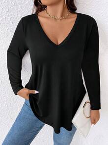 SHEIN PETITE CURVE EMERY ROSE Plus Size Solid V-Neck Long Sleeve Casual T-Shirt, Suitable For Women In Spring And Autumn - Black - View 5