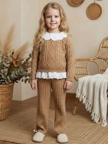 Blossori  Young Girls' French Elegant Faux Collar Lace Patchwork Pullover Sweater & Knit Pants Set, Girl Knit Set, Little Girl Autumn Suit,Cozy Fall & Winter Styles - Khaki - View 1
