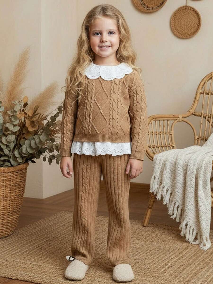 Blossori  Young Girls' French Elegant Faux Collar Lace Patchwork Pullover Sweater & Knit Pants Set, Girl Knit Set, Little Girl Autumn Suit,Cozy Fall & Winter Styles - Khaki - View 1