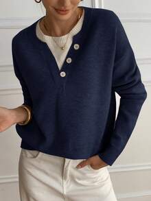 DAZY Lässiger Farbblock Henley-Ausschnitt Pullover, weiches Strick 2-in-1 Sweatshirt für Frauen - marineblau - Übersicht 5