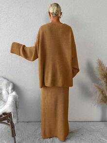 EURMUSE Drop Shoulder Sweater & Knit Skirt Without Belt - Camel - View 2