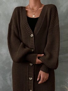 EURMUSE 女式纯色落肩长袖单排扣休闲开衫，秋冬款 - 棕色 - 查看 4