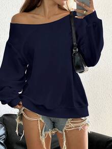 SHEIN EZwear 大码女式休闲纯色海军蓝露肩宽松长袖运动衫，秋冬 - 藏蓝色 - 查看 1
