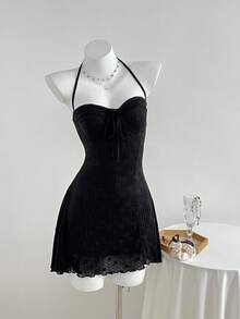 Elamini 2pcs Women's Autumn/Winter Fashion Lace Trim Camisole Top And Lace Neck Tie Waist A-Line Mini Dress Set - Black - View 3