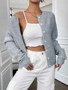 SHEIN x Carly Lawrence SHEIN Unity 女式宽松纽扣前落肩开衫，秋冬 - 深灰色 - 查看 4
