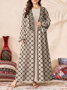 SHEIN Najma Plus Size Women's Geometric Pattern Patchwork Floral Print Long Sleeve Casual Arabic Abaya Robe, Spring/Autumn - Multicolor - View 1