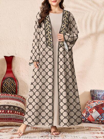 SHEIN Najma Plus Size Women's Geometric Pattern Patchwork Floral Print Long Sleeve Casual Arabic Abaya Robe, Spring/Autumn