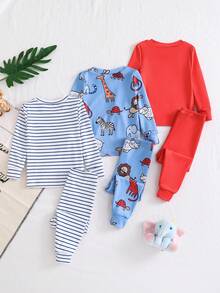 3件套男童可爱卡通条纹印花舒适长袖T恤和长裤睡衣套装 - 彩色 - 查看 2