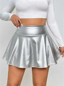 SHEIN EZwear Quần short mini da giả màu bạc cỡ lớn cho nữ có quần short và túi tích hợp - Bạc - Xem 5