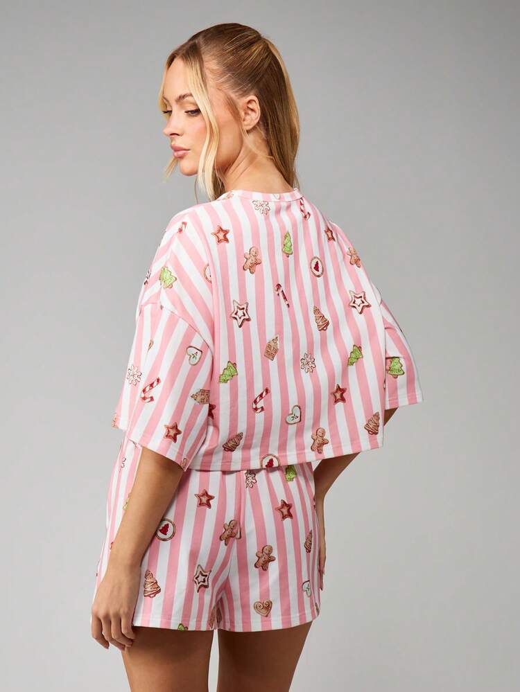 MISSGUIDED Weihnachts-Pyjama-Set mit Lebkuchen und Feiertags-Symbolen, Oversized Crop-Top und Shorts Loungewear