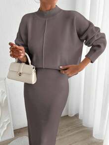 EURMUSE Women's Autumn Simple Solid Color Batwing Sleeve Sweater And Skirt Set - Mocha Brown - View 4