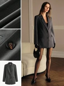 MOTF PREMIUM 纯色翻领单排扣翻盖细节西装外套 - 深灰色 - 查看 8