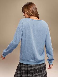 Hanevo 女式纯色简约V领长袖针织运动衫，休闲日常穿着 - 淺藍色 - 查看 2