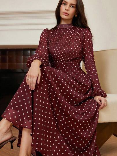 Aveloria Rosie Vintage Elegant High Waist Chiffon Pleated Front Long Sleeve Dress