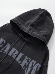 ROMWE MEN Street Life Áo khoác hoodie tay dài họa tiết chữ mùa thu dành cho nam có túi và dây rút - màu đen - Xem 3
