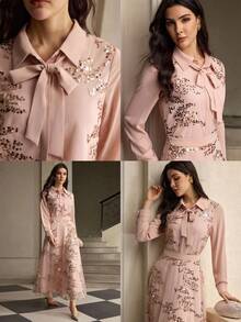 ZEYLAH Elegant Women's Long Sleeve Casual Shirt With Romantic Ribbon Collar And Sequin Decor - Apricot - View 1