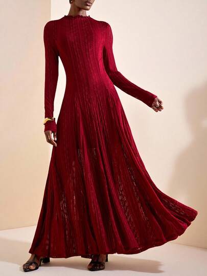 Zivah 2025 秋冬新款优雅浪漫酒红色拉绒蕾丝针织荷叶边长袖大摆女式长裙，适合约会、音乐会服装、万圣节服装、圣诞节、夜间外出、婚礼宾客礼服、生日派对、早午餐服装，适合女士、派对、晚餐、日常外出、派对-A