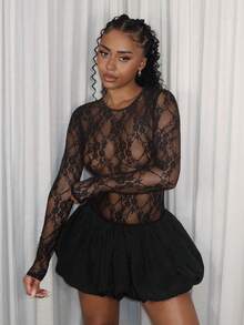 Amplova 性感黑色透明蕾丝拼布长袖迷你连衣裙 - 黑色 - 查看 3