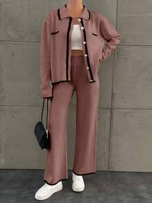 EURMUSE Bộ 2 áo len cardigan dệt kim cài nút màu tương phản cho nữ và quần dài, mùa thu - Màu hồng gỉ - Xem 3